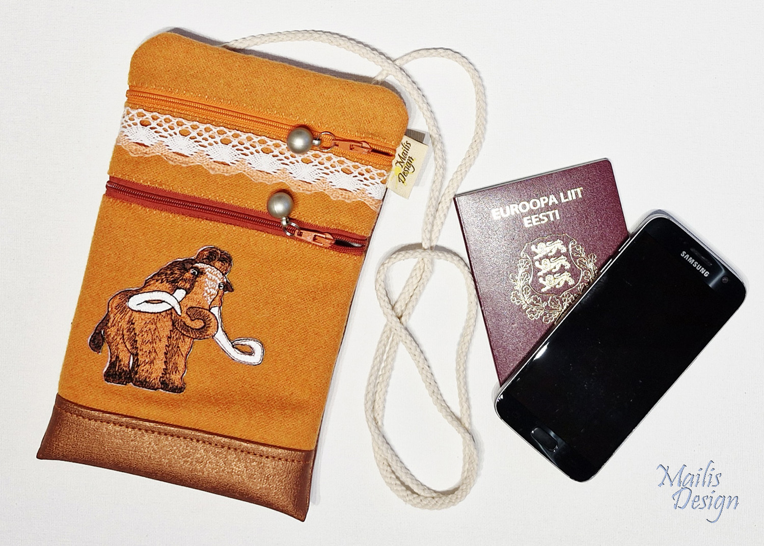 Mobiili- ja rahakott, 2 taskut ja nöör, oranž, mammut